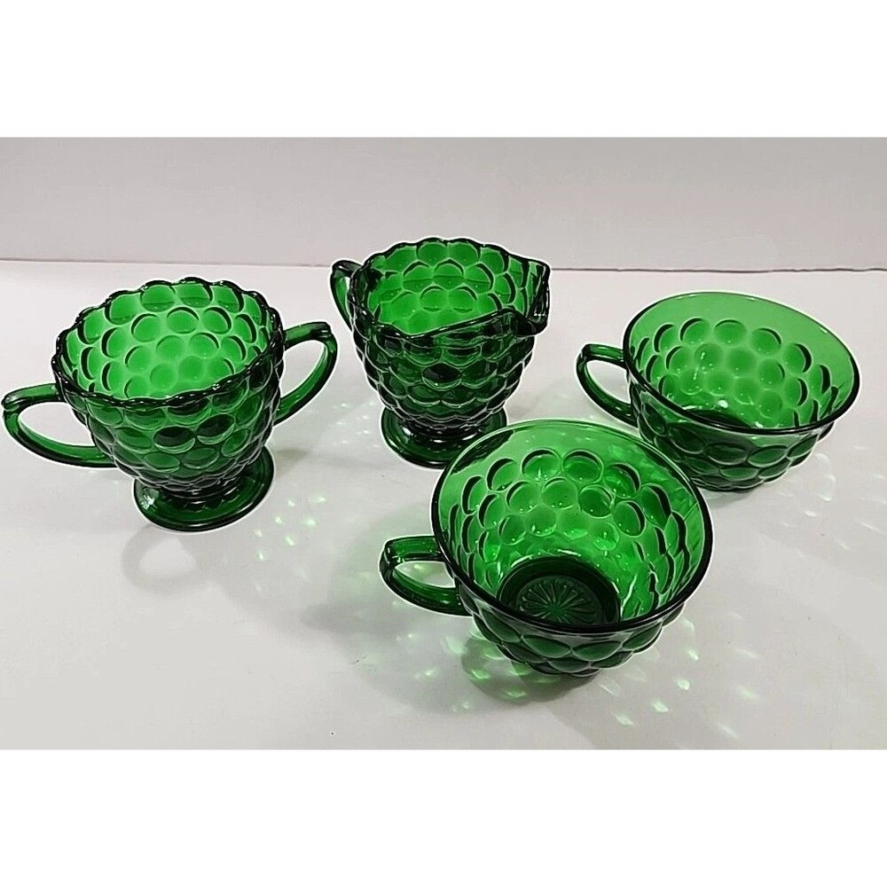 Set Of 4 Vtg Anchor Hocking Forest Green Bubble Glass (2) Cups + Cream & Sugar